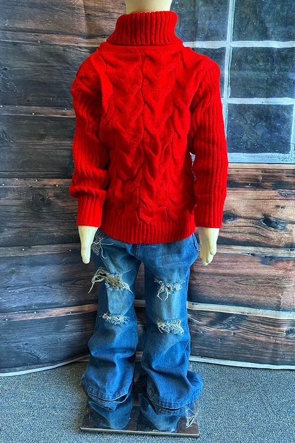Red girl's turtleneck knit sweater DLH2