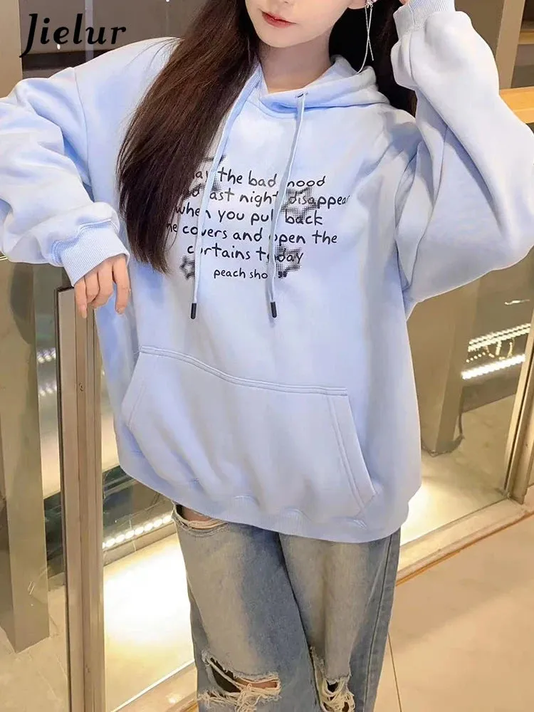 Sky Blue Hooded Drawstring Chic Letter Print Women Hoodies Winter Solid Color Street Simple Casual Fashion Female Hoodies
