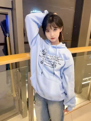 Sky Blue Hooded Drawstring Chic Letter Print Women Hoodies Winter Solid Color Street Simple Casual Fashion Female Hoodies