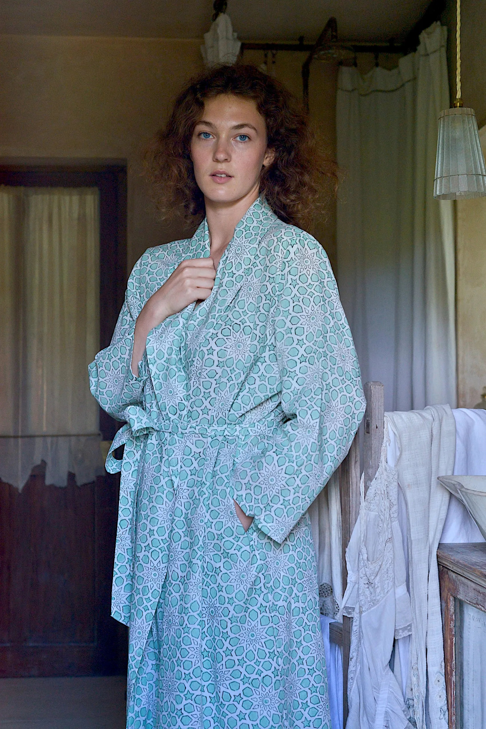 'Starry Nights' Block-printed Cotton Dressing Gown