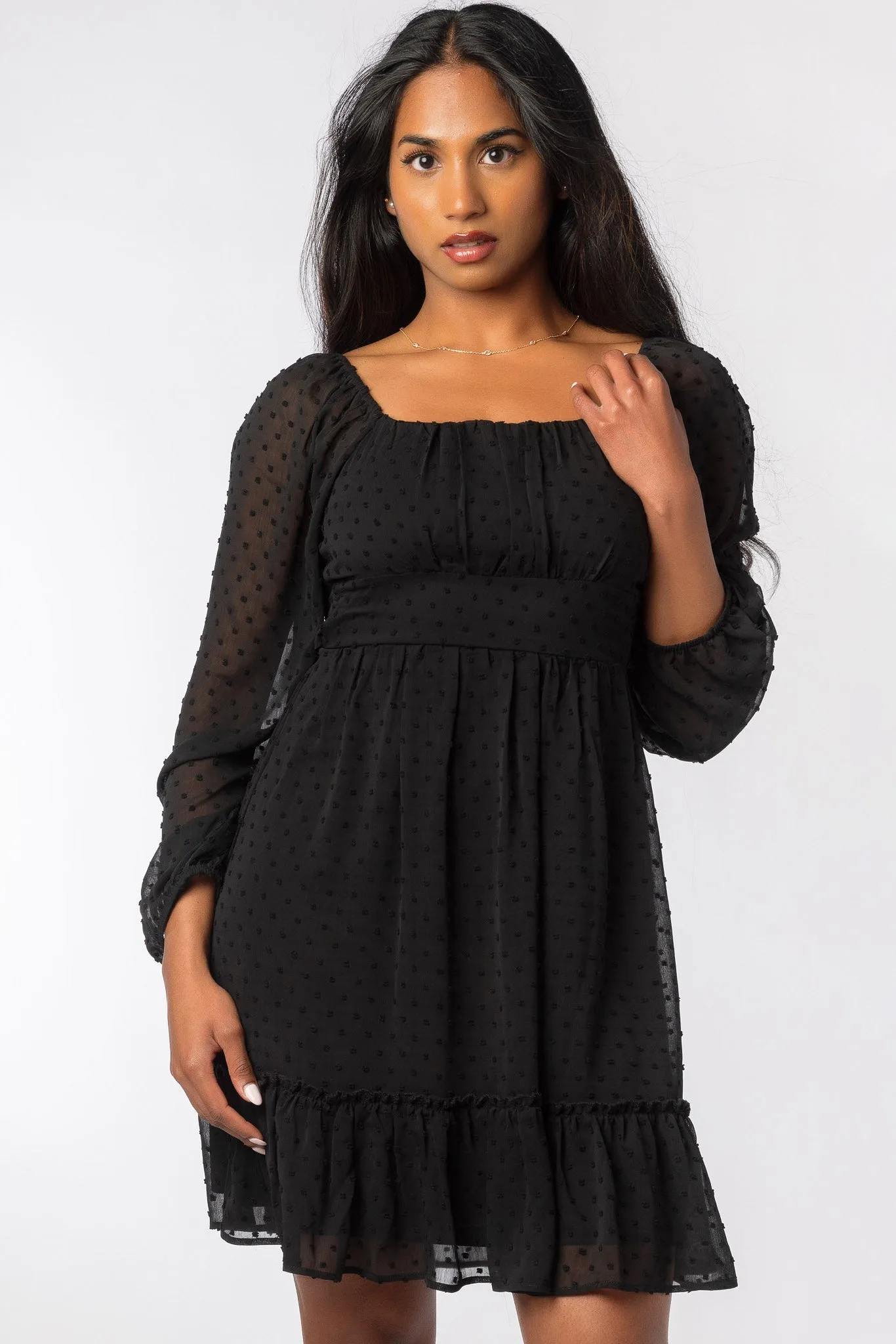 Swiss Dot Chiffon Dress with Tie Back and Balloon Sleeves