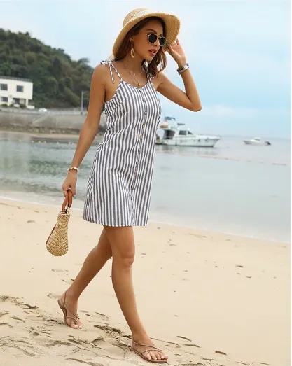 TastyHottie - Trendy Stripes Tied Straps Backless Mini Dress