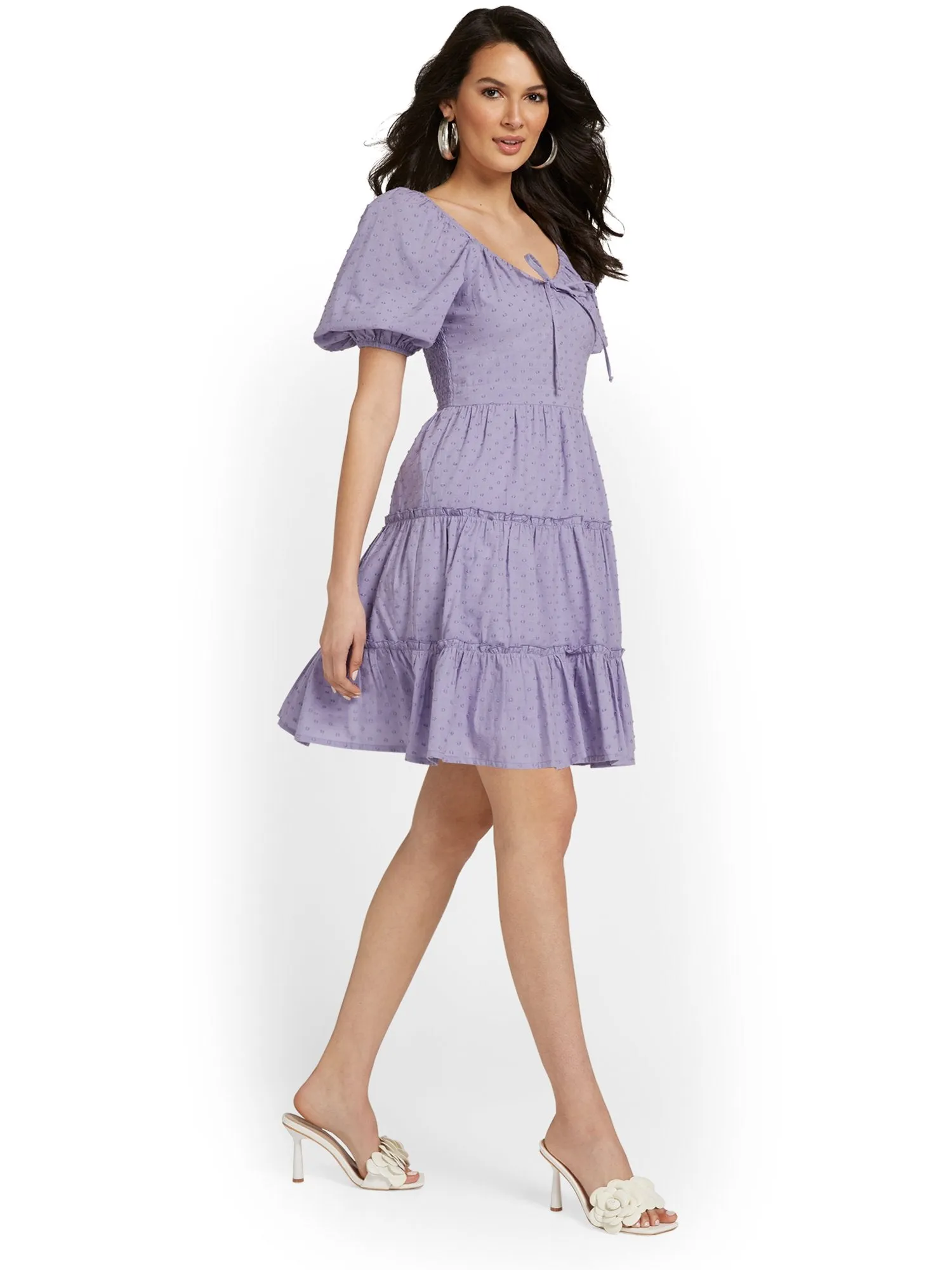 Tie-Neck Puff-Sleeve Tiered Dress