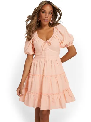 Tie-Neck Puff-Sleeve Tiered Dress