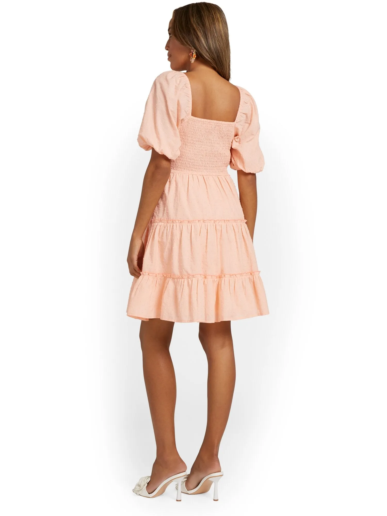 Tie-Neck Puff-Sleeve Tiered Dress