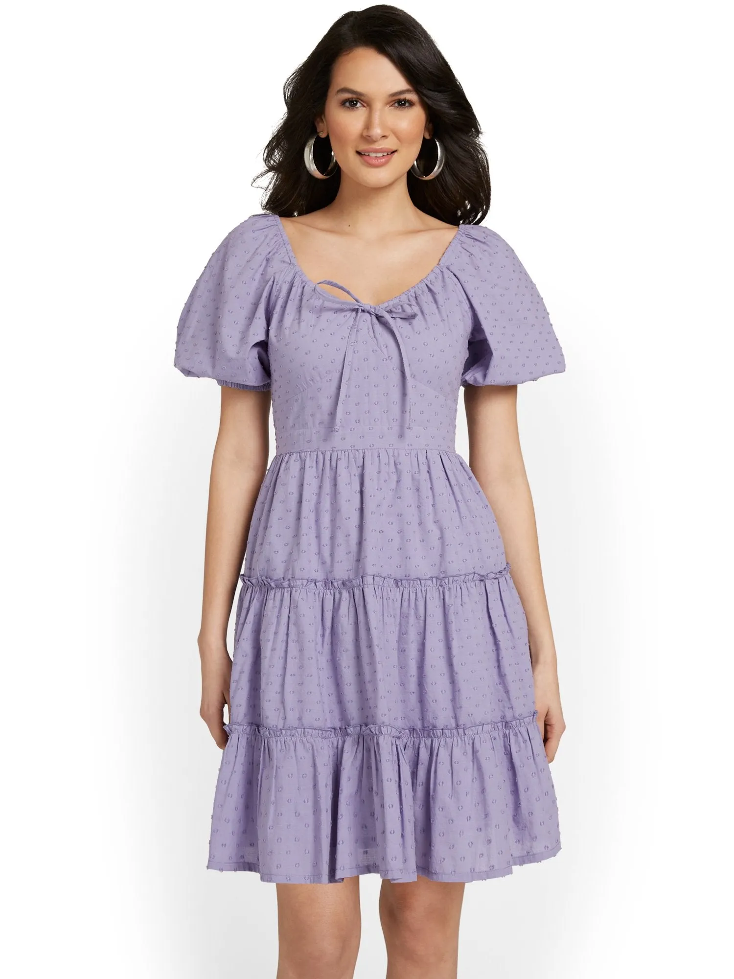 Tie-Neck Puff-Sleeve Tiered Dress