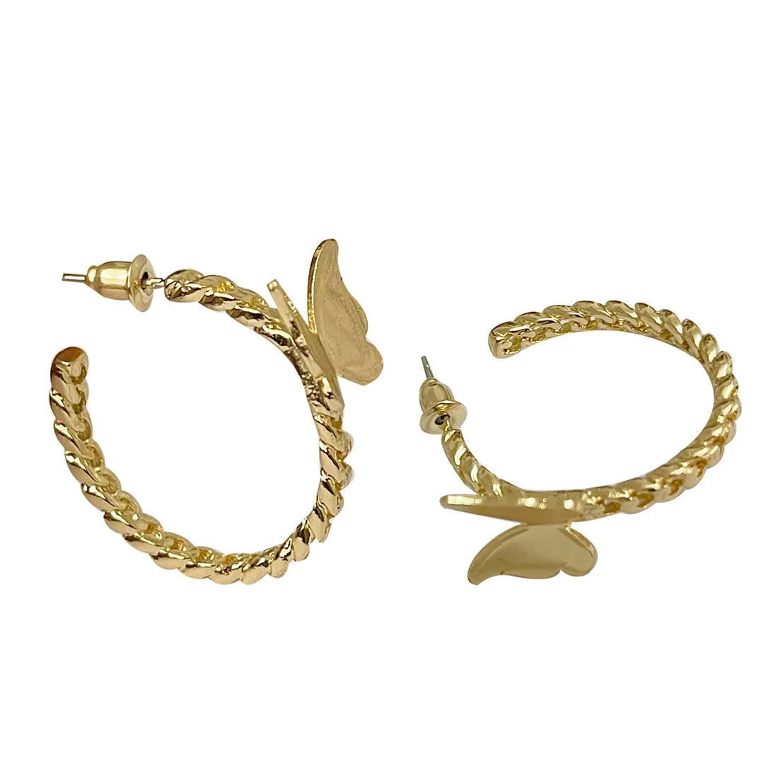TRENDY GOLD-TONED BUTTERFLY STUDDED METALLIC TWISTED OPEN-HOOP EARRINGS