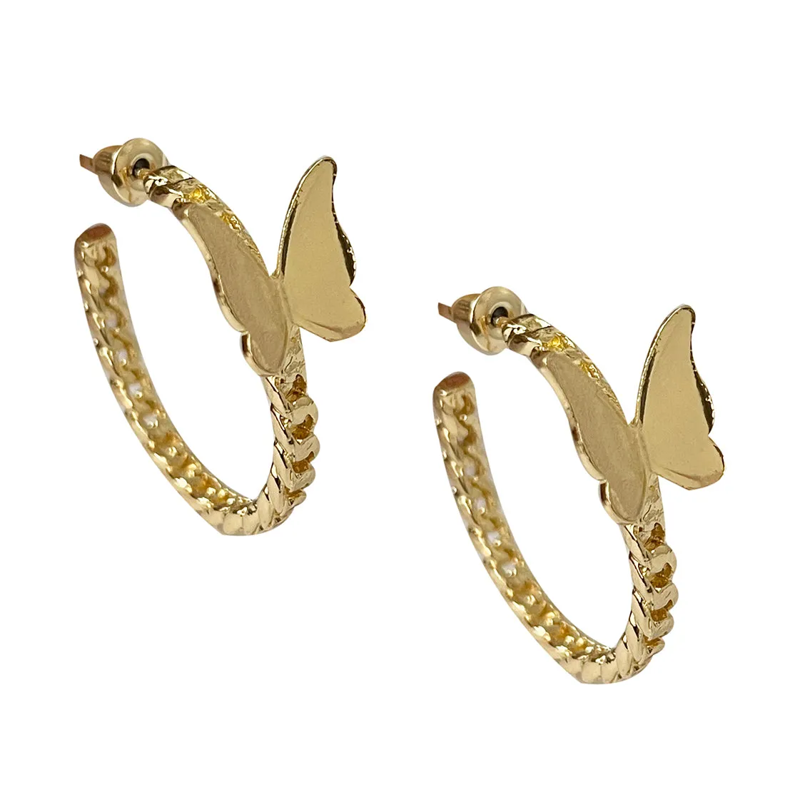 TRENDY GOLD-TONED BUTTERFLY STUDDED METALLIC TWISTED OPEN-HOOP EARRINGS