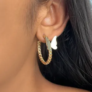TRENDY GOLD-TONED BUTTERFLY STUDDED METALLIC TWISTED OPEN-HOOP EARRINGS