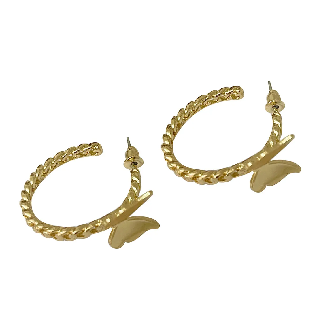 TRENDY GOLD-TONED BUTTERFLY STUDDED METALLIC TWISTED OPEN-HOOP EARRINGS