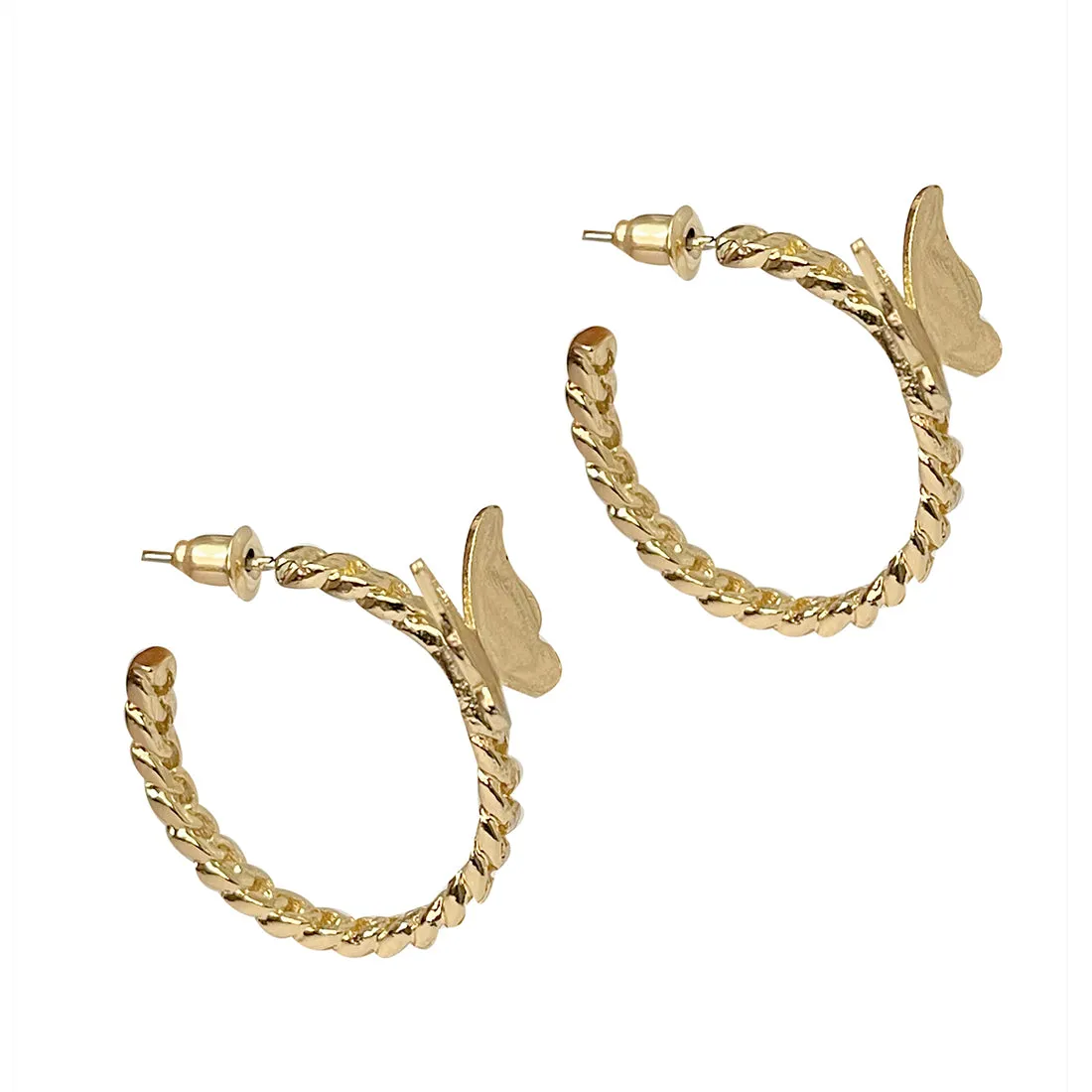 TRENDY GOLD-TONED BUTTERFLY STUDDED METALLIC TWISTED OPEN-HOOP EARRINGS