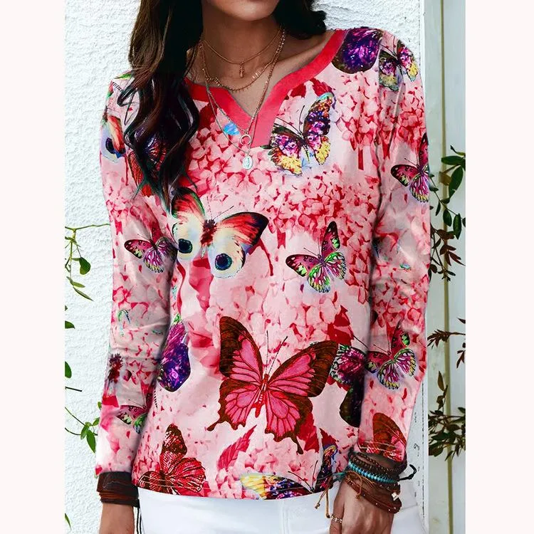 V-neck printed loose butterfly long-sleeved T-shirt women
