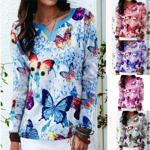 V-neck printed loose butterfly long-sleeved T-shirt women