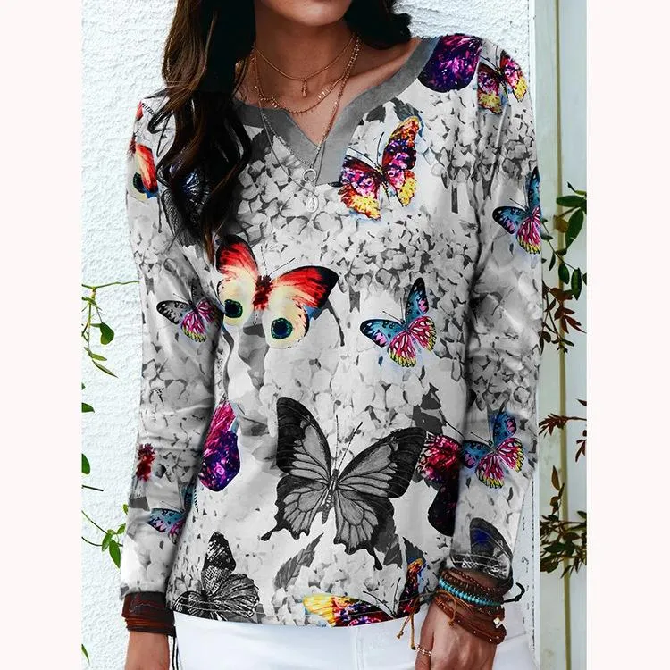 V-neck printed loose butterfly long-sleeved T-shirt women