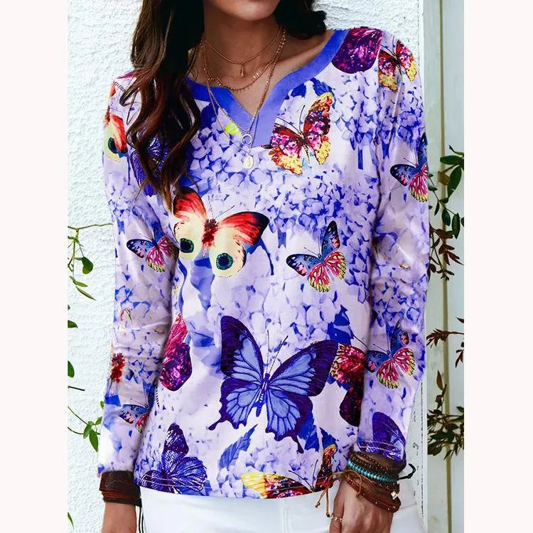 V-neck printed loose butterfly long-sleeved T-shirt women
