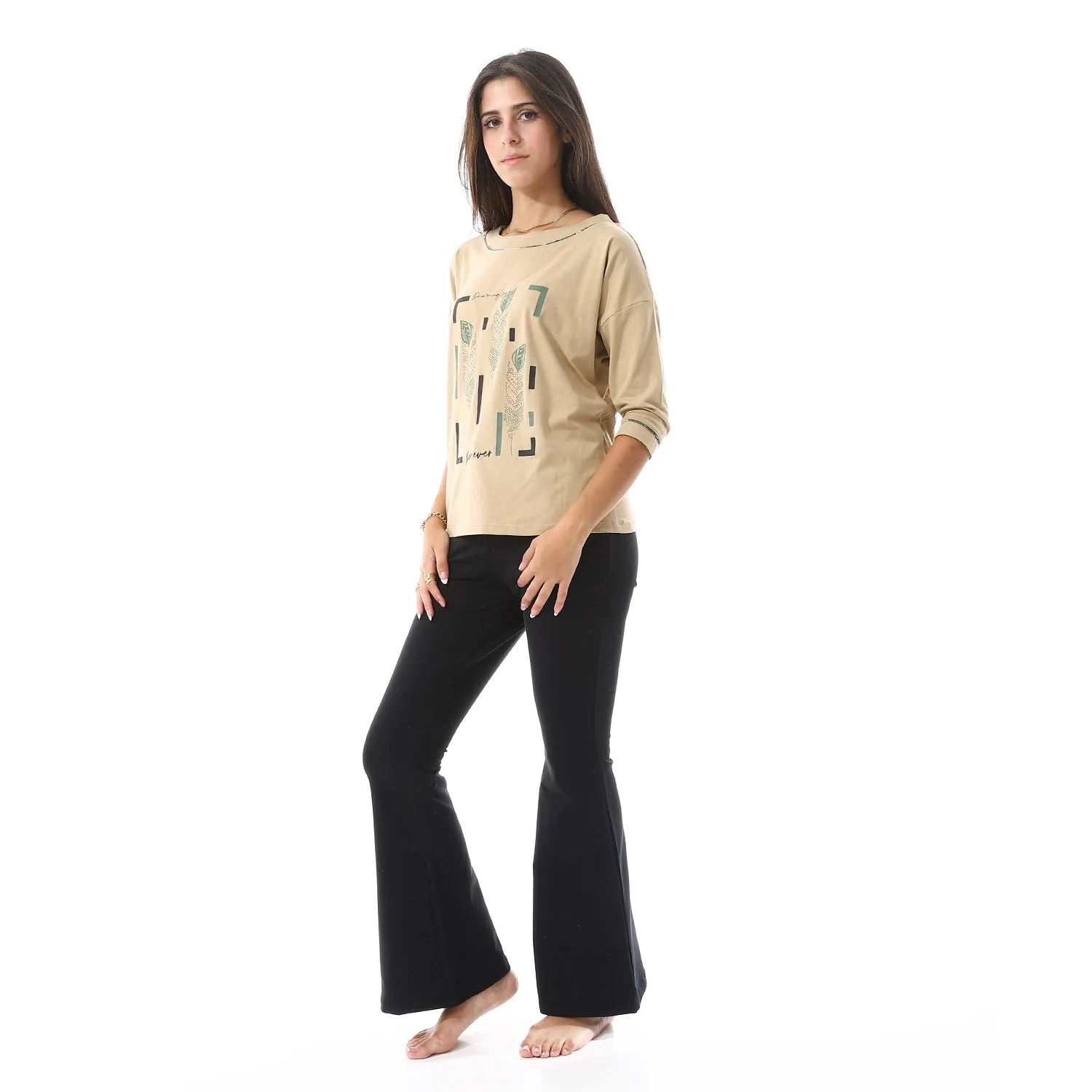 Wide Boat Neck Tee & Pants Pajama Set - Beige & Black