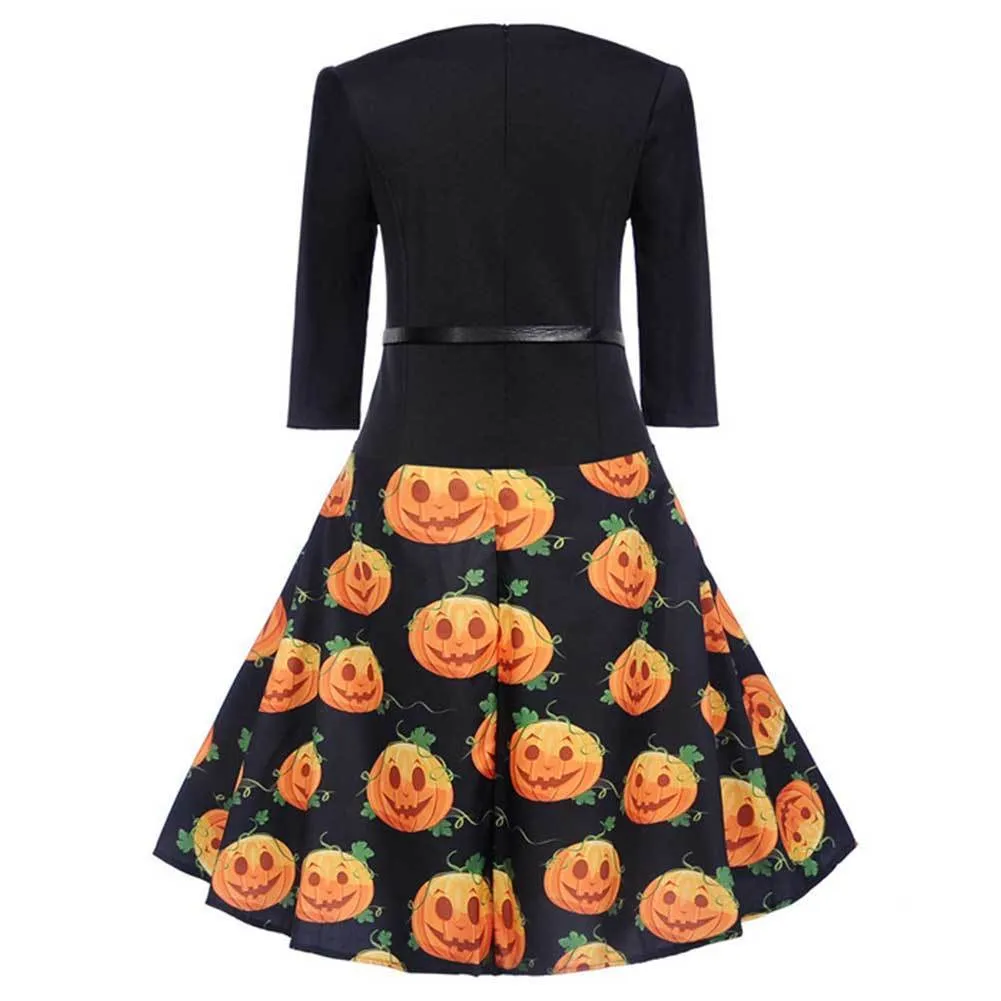 Women Halloween Dress Robes Vintage Pinup Three Quarter Sleeve Pumpkin Printed Office Swing Dress