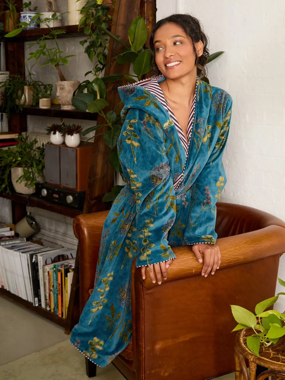 Womens Hooded Velvet Robe Teal Autumn Floral