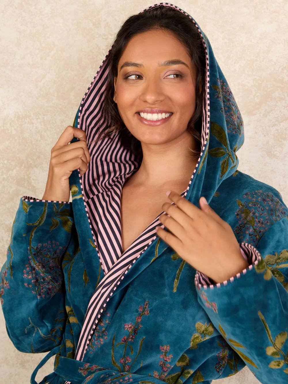 Womens Hooded Velvet Robe Teal Autumn Floral