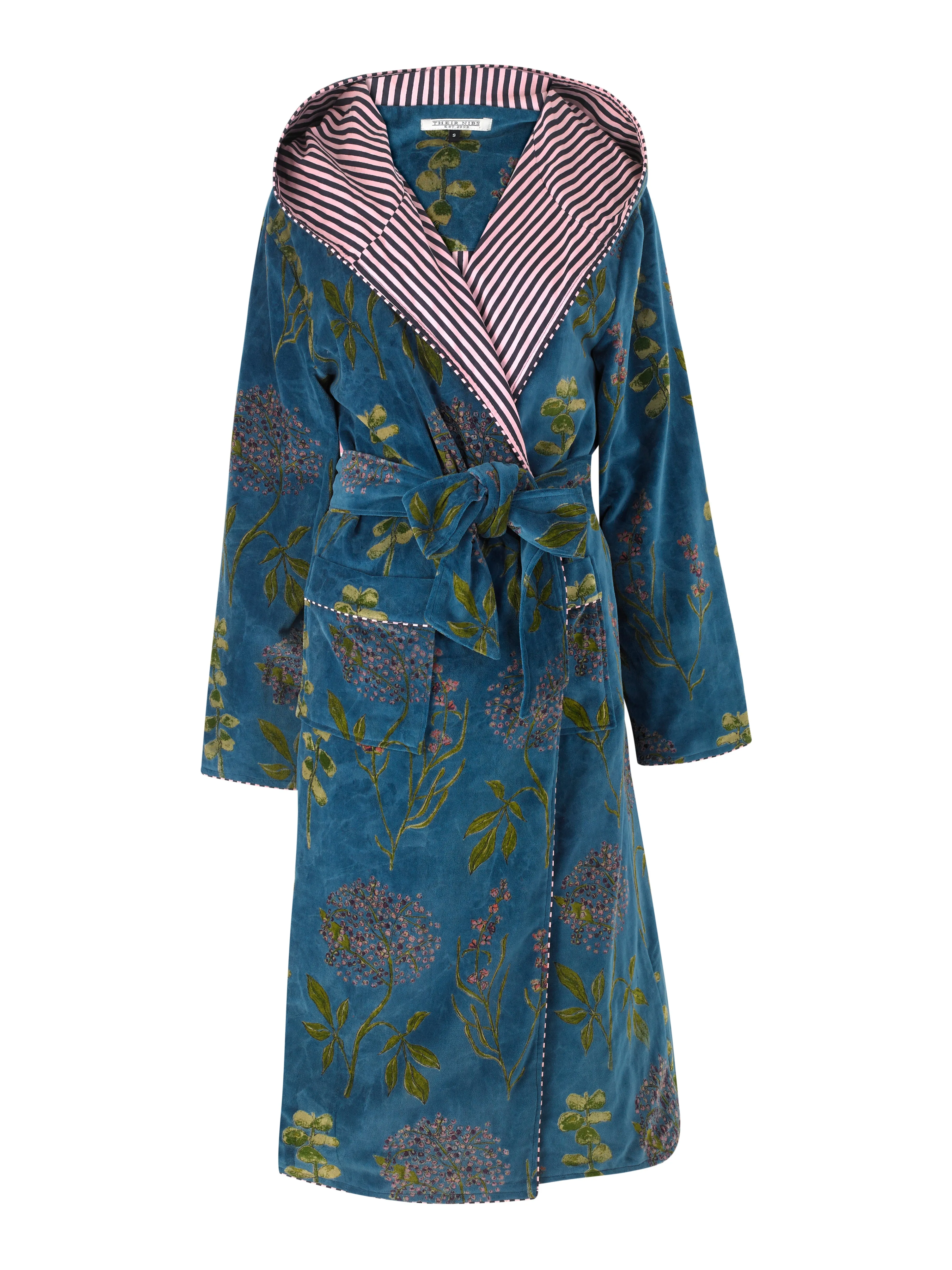 Womens Hooded Velvet Robe Teal Autumn Floral