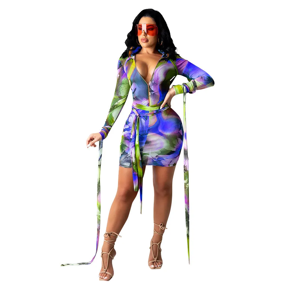 Women's Mesh See-Through Printed Dress With Bandage Trendy Wholesale Clothing
