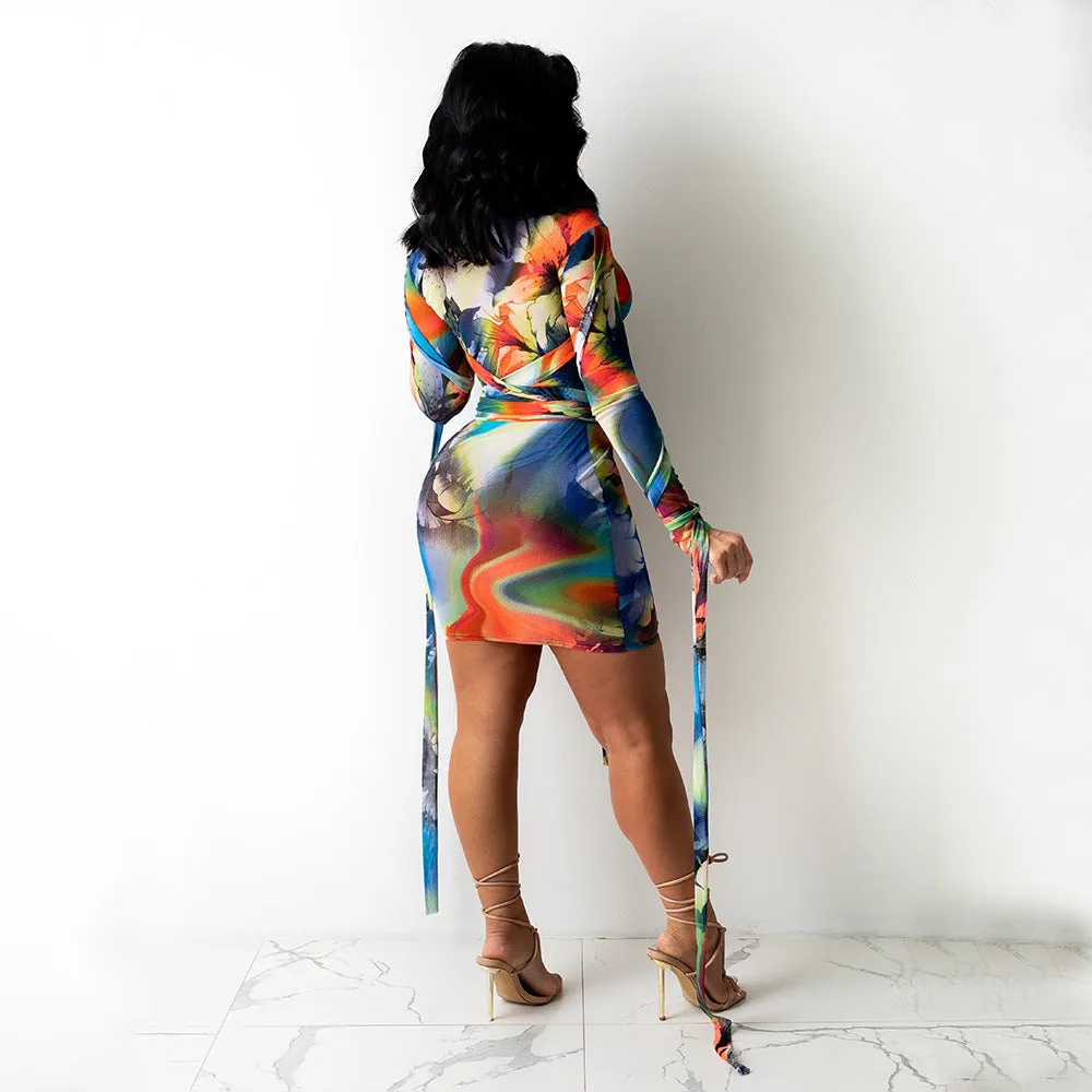 Women's Mesh See-Through Printed Dress With Bandage Trendy Wholesale Clothing