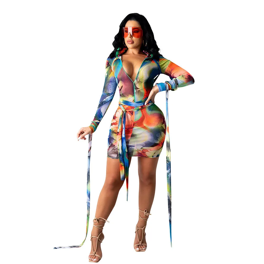 Women's Mesh See-Through Printed Dress With Bandage Trendy Wholesale Clothing