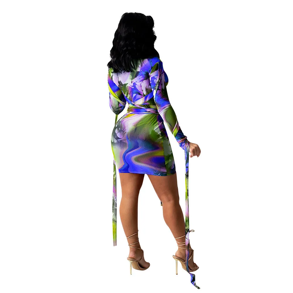 Women's Mesh See-Through Printed Dress With Bandage Trendy Wholesale Clothing