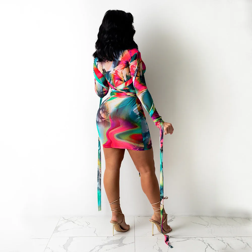 Women's Mesh See-Through Printed Dress With Bandage Trendy Wholesale Clothing
